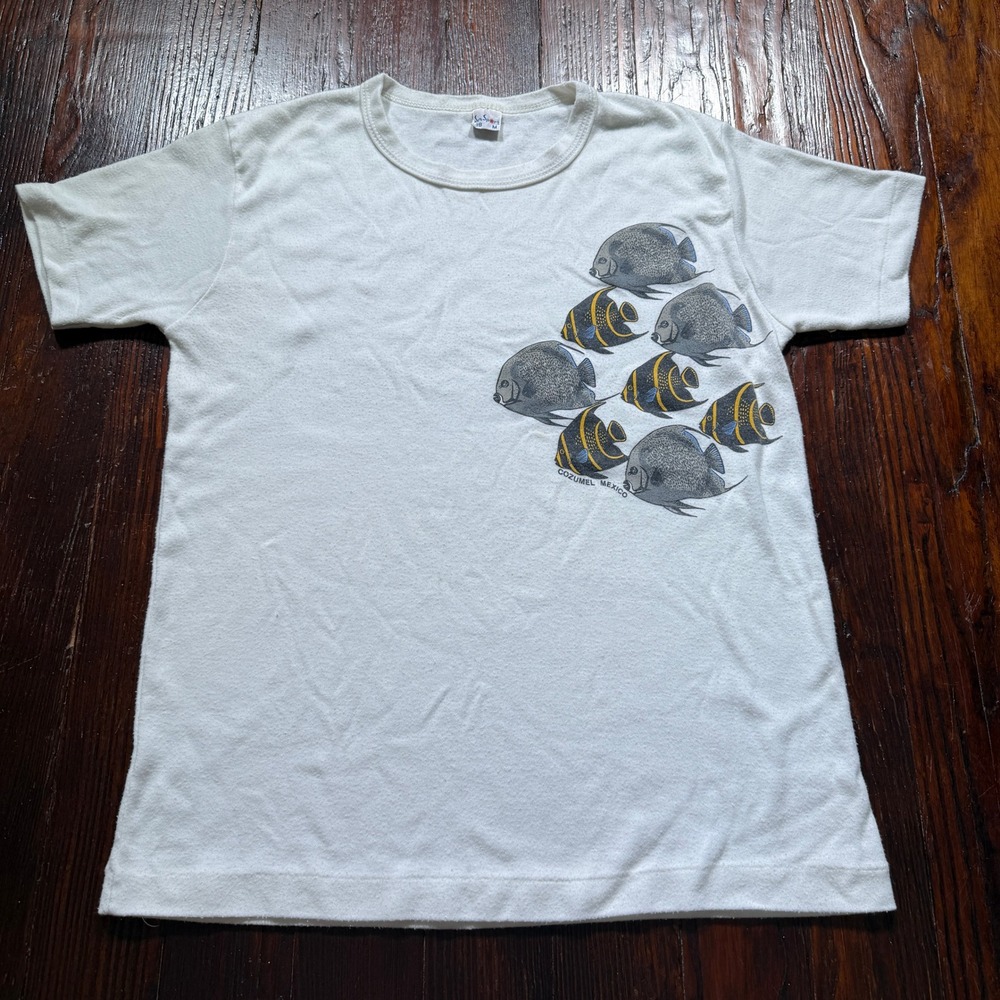 Vintage Cozumel Mexico Shirt Mens M White Fish Sun Sport Graphic Single Stitch